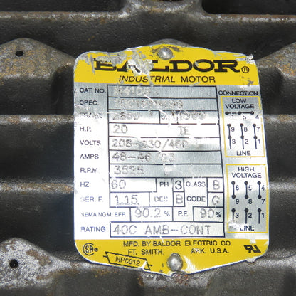 Baldor M4106 20HP AC Electric Motor 3Ph 208-230/480V 286U Frame 3525RPM TESTED