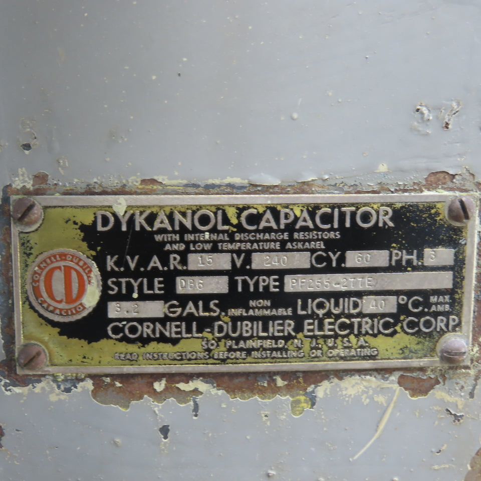 Cornell-Dubilier PF255-277E Style DB6 15KVAR Dykanol Capacitor 3.2 Gallons 240V