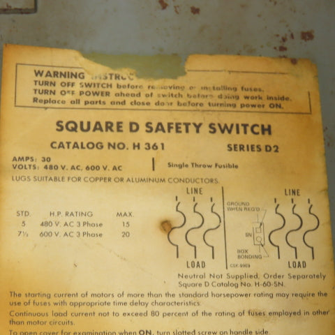 Square D H 361 30A Fusible Safety Disconnect Switch 3Ph 600VAC
