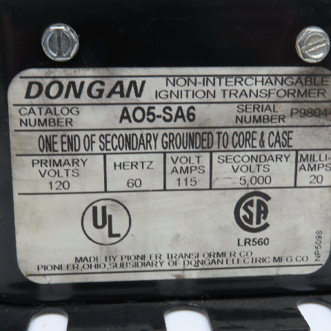 Dongan AO5-SA6 120V Ignition Transformer 5,000V Sec. .115kVa