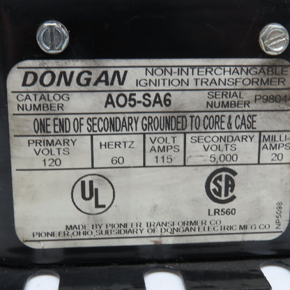 Dongan AO5-SA6 120V Ignition Transformer 5,000V Sec. .115kVa