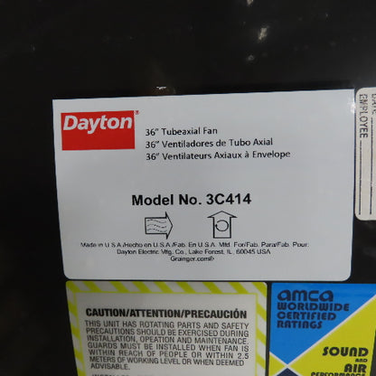 Dayton 3C414 36" Clean Air Tubeaxial Fan 1.5HP 230/460V 3PH Belt Drive Tested