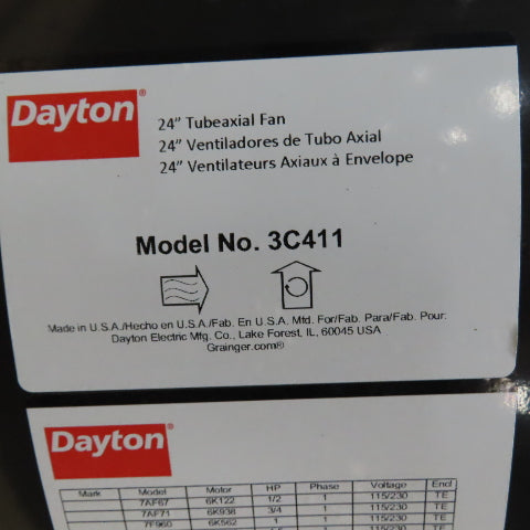 Dayton 3C411 24" Clean Air Tubeaxial Fan .5HP 230/460V 3PH Belt Drive Tested