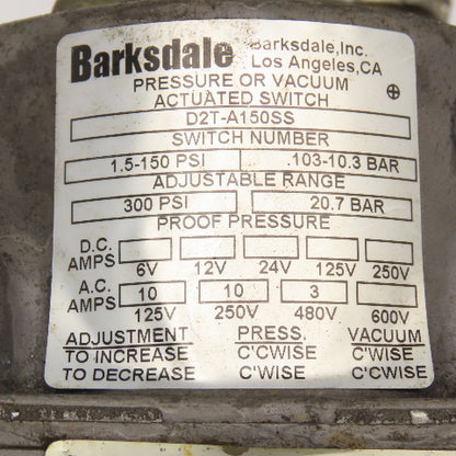 Barksdale D2T-A150SS Pressure Or Vacuum Actuated Switch 480V Max
