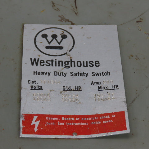 Westinghouse HFN364 200A Fusible Safety Disconnect Switch 600VAC 3-Pole