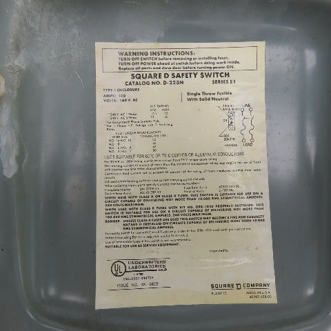 Square D D-223N 100A Fusible Safety Disconnect Switch 240VAC 2-Pole Type 1 Enc.