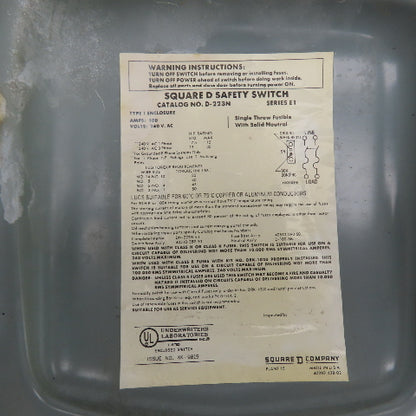 Square D D-223N 100A Fusible Safety Disconnect Switch 240VAC 2-Pole Type 1 Enc.