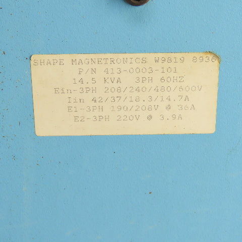 Shape Magnetronics 413-0003-101 14.5kVA 3PH Transformer Pri 208-600 Sec 190/208
