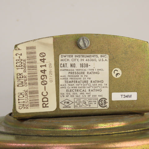 Dwyer 1638-1 Diaphragm Vertical Pressure Switch 10PSI Max 25PSI Surge 125/480VAC