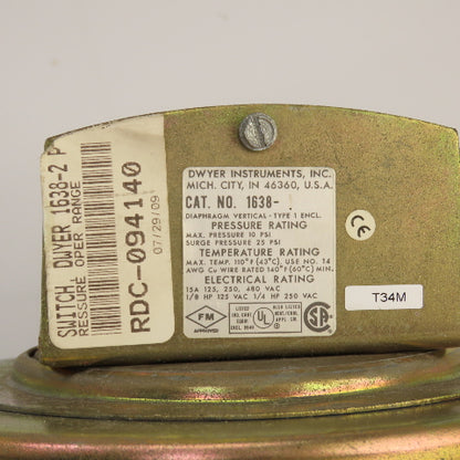 Dwyer 1638-1 Diaphragm Vertical Pressure Switch 10PSI Max 25PSI Surge 125/480VAC