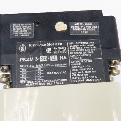 Klockner Moeller PKZM3-25-U-NA 600VAC 40Hp Max Manual Motor Starter Overload 24A