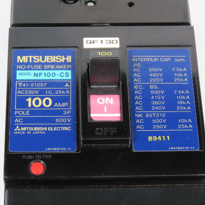 Mitsubishi NF100-CS 100A 3-Pole Circuit Breaker 600VAC W/ Covers