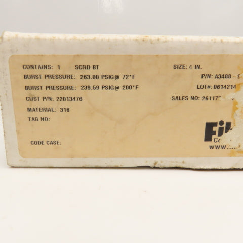 Fike A3488-9 SCRD BT 263PSI @ 72°F Rupture Disc 4" Stainless Steel