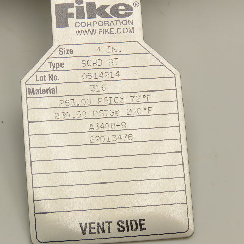 Fike A3488-9 SCRD BT 263PSI @ 72°F Rupture Disc 4" Stainless Steel