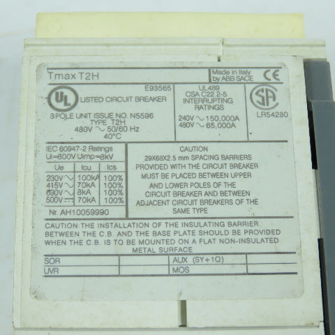 ABB SACE Tmax T2H 3-Pole 100A Panel Mount Circuit Breaker 480VAC