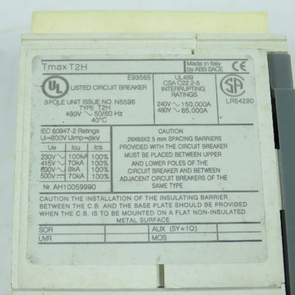 ABB SACE Tmax T2H 3-Pole 100A Panel Mount Circuit Breaker 480VAC