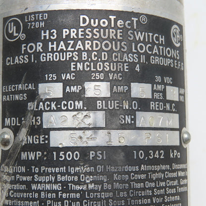 Dwyer A2SC H3 Pressure Switch Hazardous Location .5-15PSI 125/250VAC 30VDC