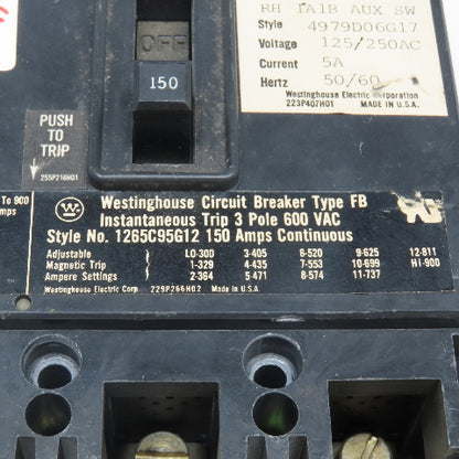 Westinghouse 1265C95G12 150A 600VAC 3 Pole Circuit Breaker Adjustable Trip