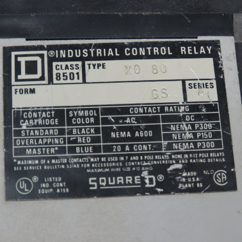 Square D 8501 X0 80 Industrial Control Relay 600V 110/120V Coil