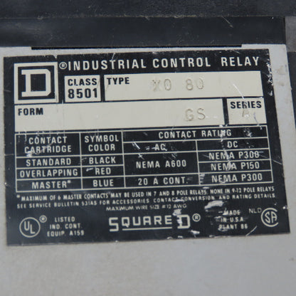 Square D 8501 X0 80 Industrial Control Relay 600V 110/120V Coil