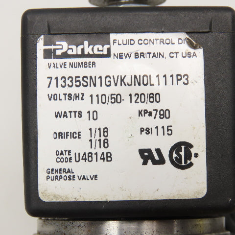 Parker 71335SN1GVKJN0L111P3 1/8" NPT Solenoid Valve 110/120V AC 60Hz