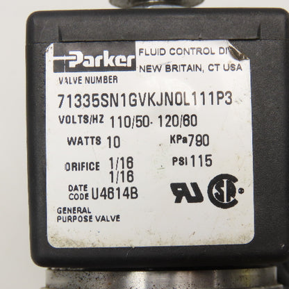 Parker 71335SN1GVKJN0L111P3 1/8" NPT Solenoid Valve 110/120V AC 60Hz