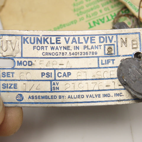 Kunkle 548 A 1/4" NPT Pressure Relief Pop Off Valve 60PSI Set NOS