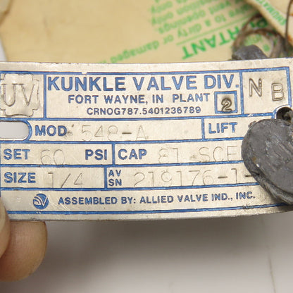 Kunkle 548 A 1/4" NPT Pressure Relief Pop Off Valve 60PSI Set NOS
