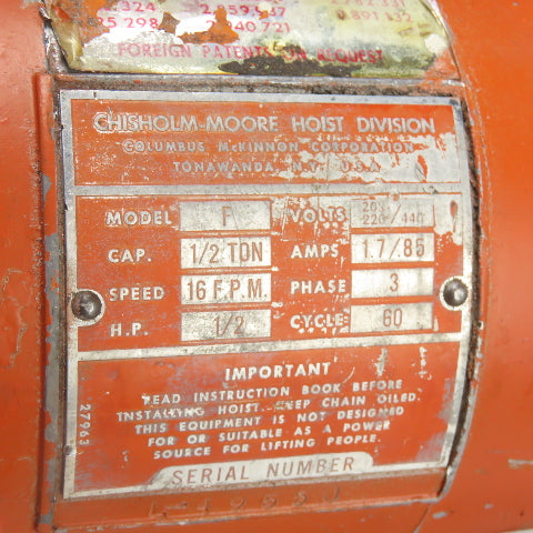 CM Model F 1/2 Ton 1000LBS Electric Chain Hoist 15' Lift 16FPM 3Ph 220/440V