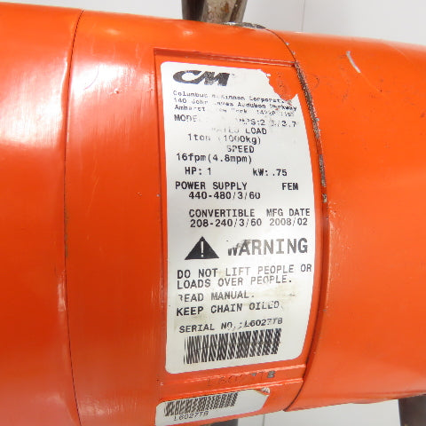 CM Model L 1 Ton 2000LB Electric Chain Hoist 20' Lift 16FPM 3PH 240/480V 1HP