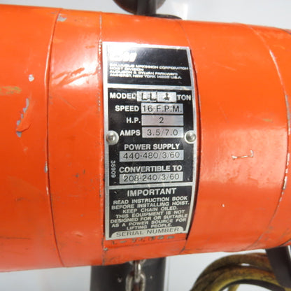CM Model LL 1 Ton 2000LB Electric Chain Hoist 20' Lift 16FPM 3PH 240/480V 2HP