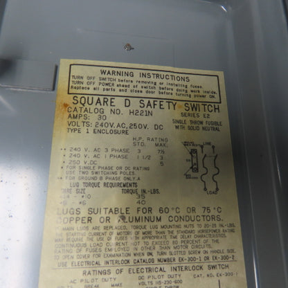 Square D H221N 30A Fusible Heavy Duty Safety Disconnect Switch 240VAC