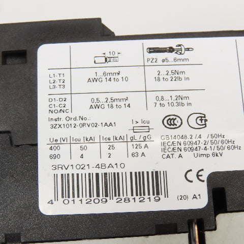 Siemens 3RV1021-4BA10 Manual Motor Starter Circuit Breaker 14-20A Trip