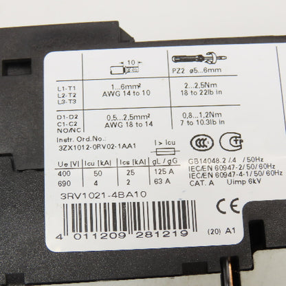Siemens 3RV1021-4BA10 Manual Motor Starter Circuit Breaker 14-20A Trip