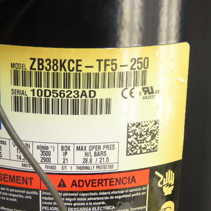 Copeland ZB38KCE-TF5-250 Refrigeration Scroll Compressor 200-230V 3PH W/ Sweat