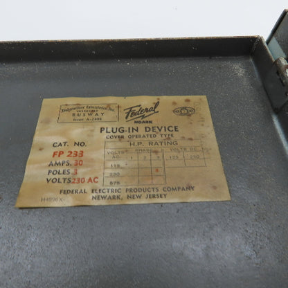 Federal Noark FP 233 30A Cover Operated Fusible Plug-In Bus Switch 3P 230VAC