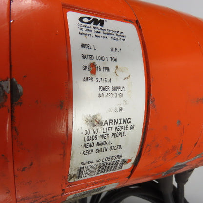 CM Model L 1 Ton 2000LB Electric Chain Hoist 15' Lift 16FPM 230/480V 3Ph 1HP