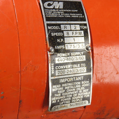 CM Model R 2 Ton 4000LB Electric Chain Hoist 20' Lift 8FPM 240/480V 3Ph 1HP