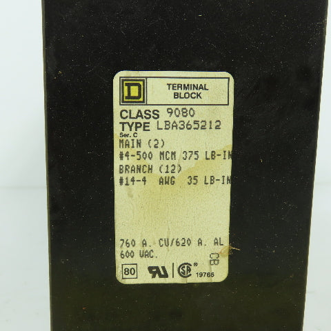 Square D LBA365212 Class 9080 Power Distribution Terminal Block 760A 600VAC