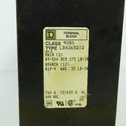 Square D LBA365212 Class 9080 Power Distribution Terminal Block 760A 600VAC