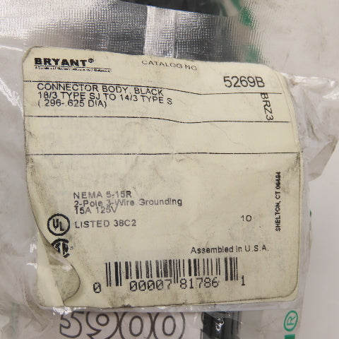 Bryant 5269B Female Connector Body Black 2P 3W 15A 125V Lot Of 5