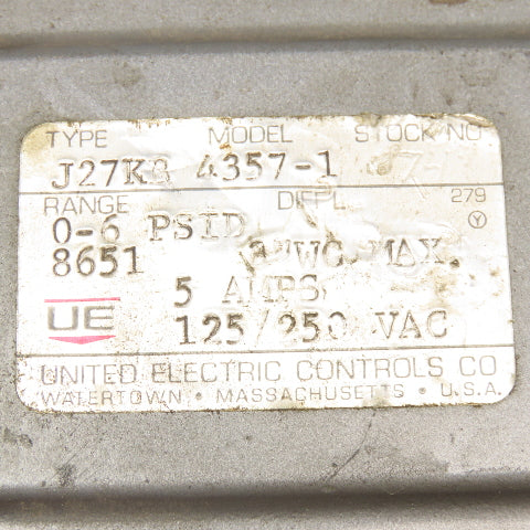 United Electric J27KB 4357-1 Differential Pressure Switch 0-6PSI 125/250VAC