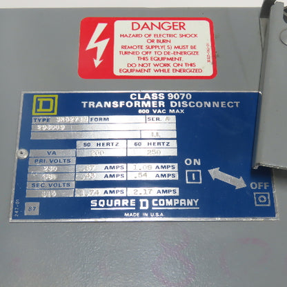 Square D SK5271N Class 9070 Transformer Disconnect Combo Pri 230/460 Sec 115V