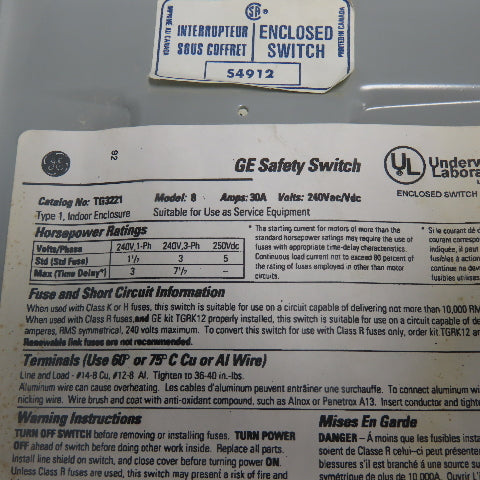 GE General Electric TG3221 30A 240V AC/DC Fusible Safety Disconnect Switch