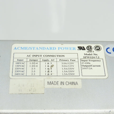 Acme SPWS24-7.2 Power Supply 100-240VAC Input