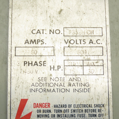 Gould F352H-CH 60A Fusible Safety Disconnect Switch 600VAC 3-Pole 30HP