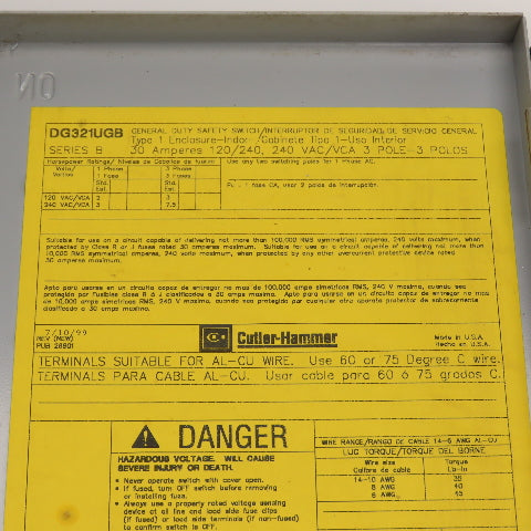 Cutler Hammer DG321UGB Ser B 30A Fusible Safety Disconnect Switch 240VAC 3-Pole
