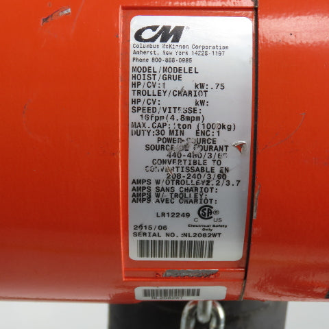 CM Lodestar Model L 1 Ton 2000LB Electric Chain Hoist 230/460V 15' Lift 16FPM