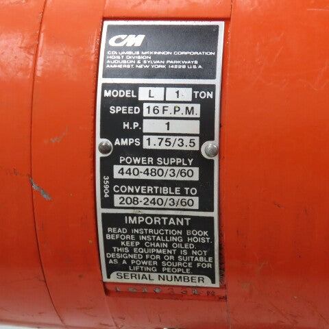 CM Lodestar Model L 1 Ton 2000LB Electric Chain Hoist 230/460V 20' Lift 16FPM