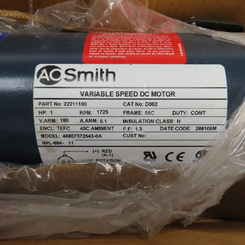 AO Smith 46807372543-0A D062 1HP Variable Speed DC Motor 1725RPM 180V 56C NEW